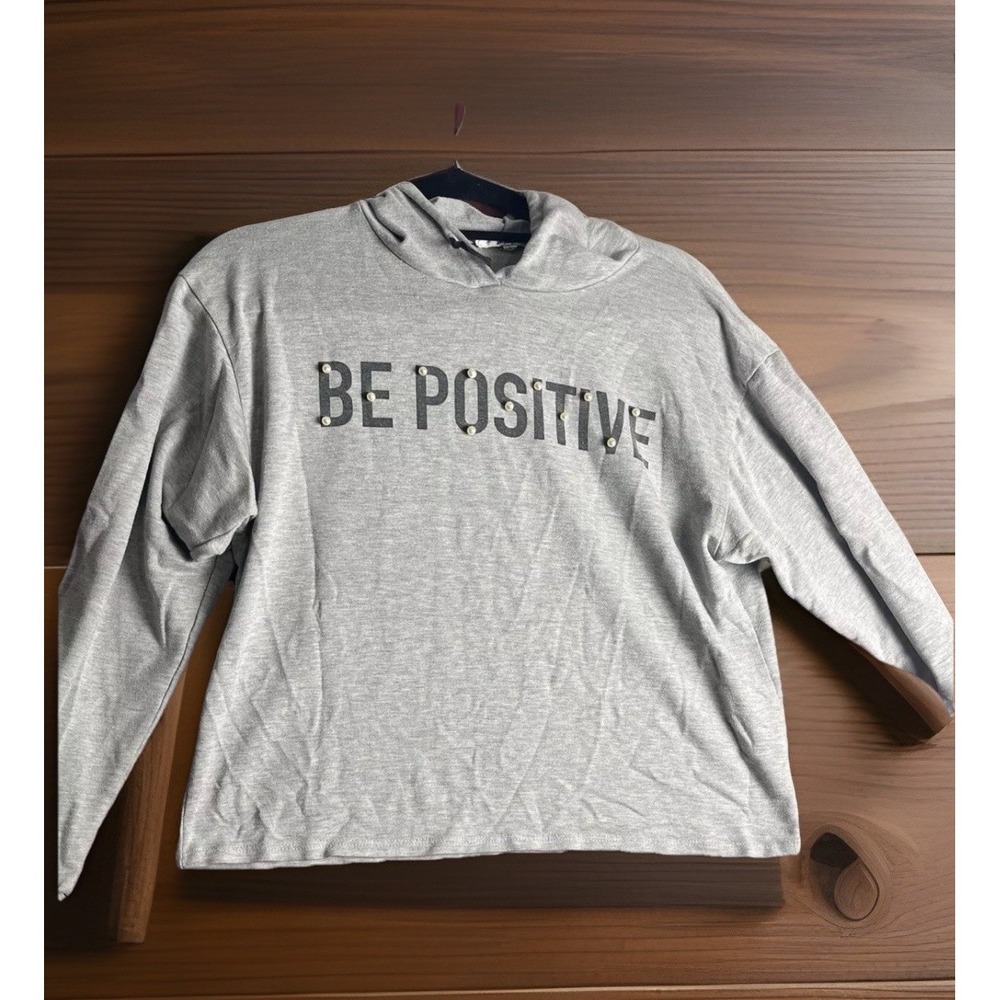 Papaya Womens Gray Be Positive Logo Hoodie T-Shirt Beaded Graphic Top Sz L
